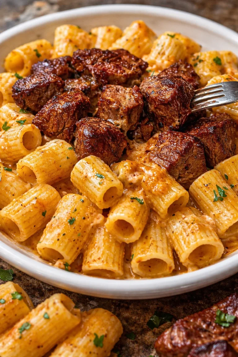 Cajun Steakspitzen mit Rigatoni und Parmesan auf einem Teller angerichtet