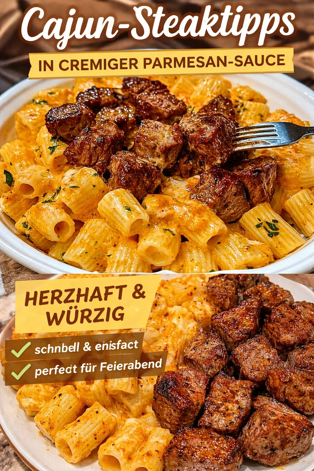 Cajun Steakspitzen mit Rigatoni Parmesan
