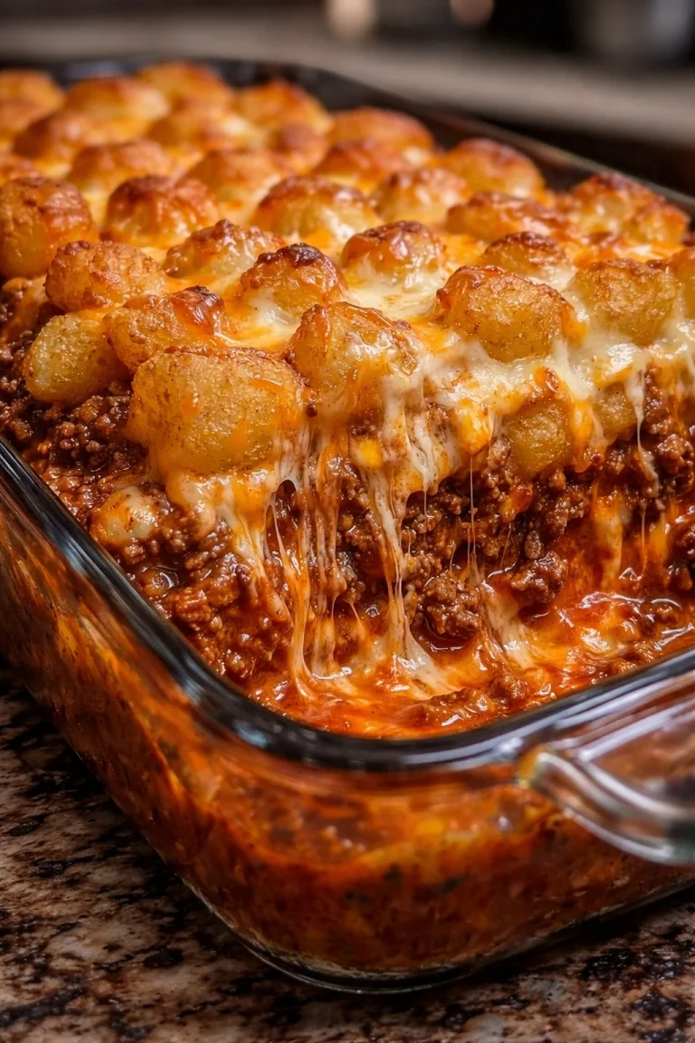 Chili Käse Tater Tot Auflauf mit Käse und Chili bedeckt