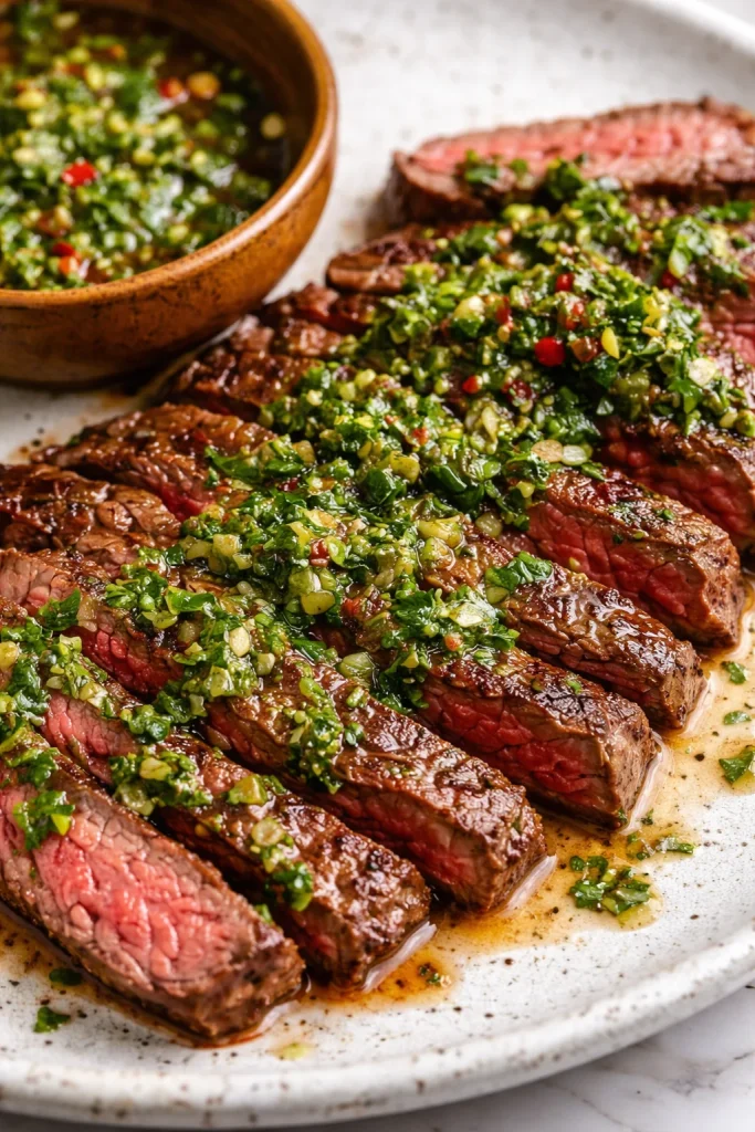 Ein saftiges Chimichurri-Steak mit frischer Kräutersauce serviert