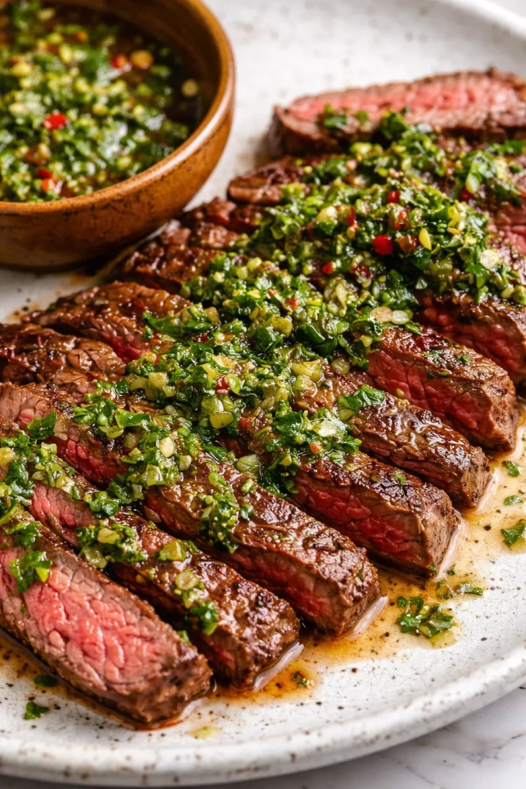 Ein saftiges Chimichurri-Steak mit frischer Kräutersauce serviert