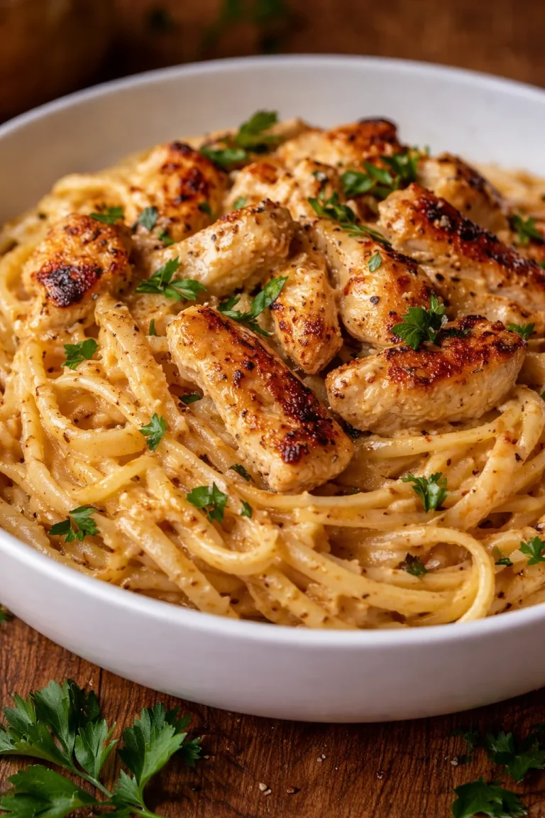Leckeres Cowboy Butter Hühnchen Linguine auf einem Teller serviert
