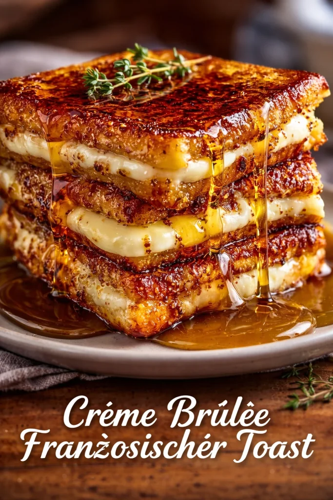 Leckeres Crème Brûlée Toast auf einem Teller mit Karamellkruste.