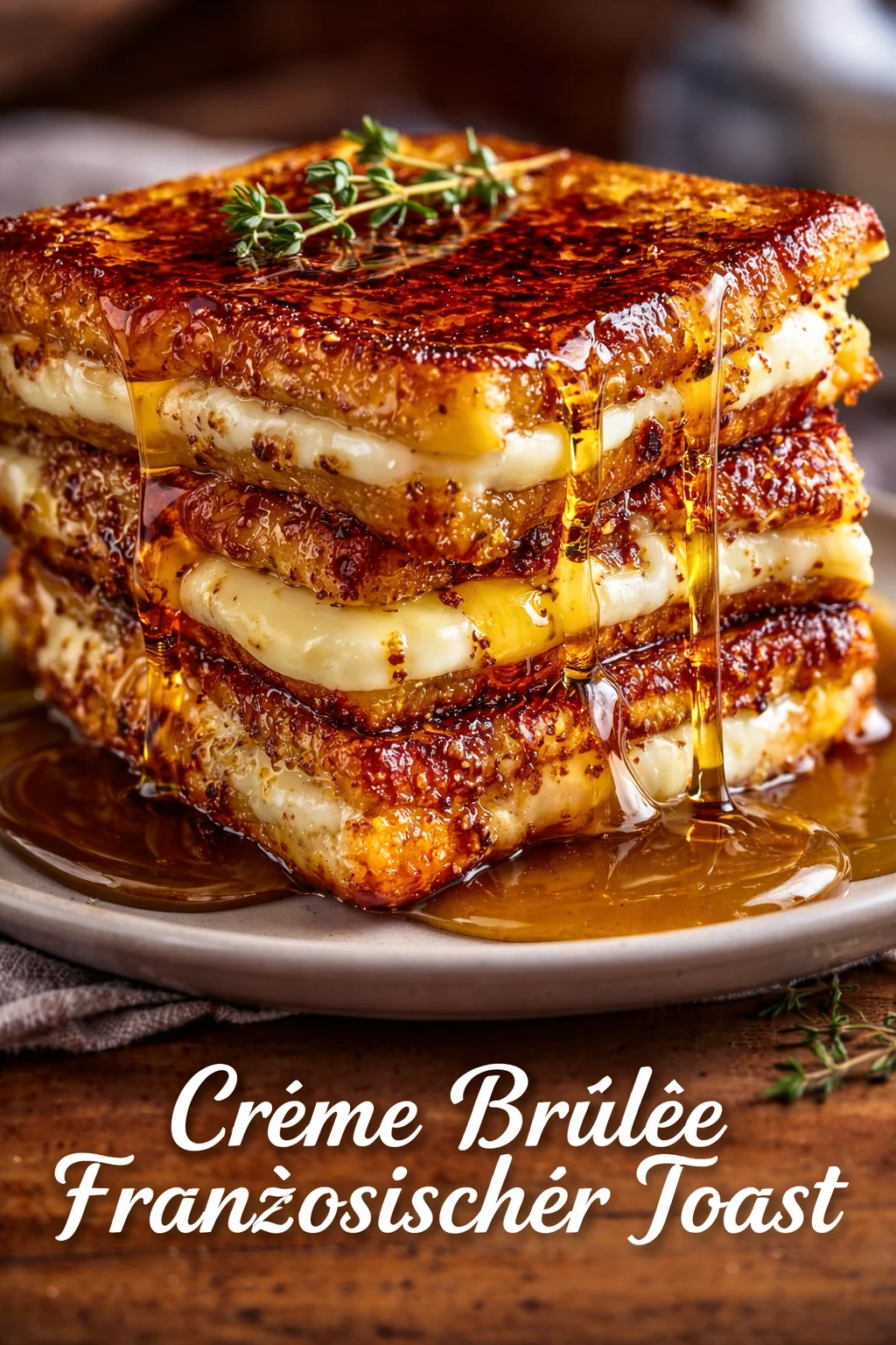 Leckeres Crème Brûlée Toast auf einem Teller mit Karamellkruste.