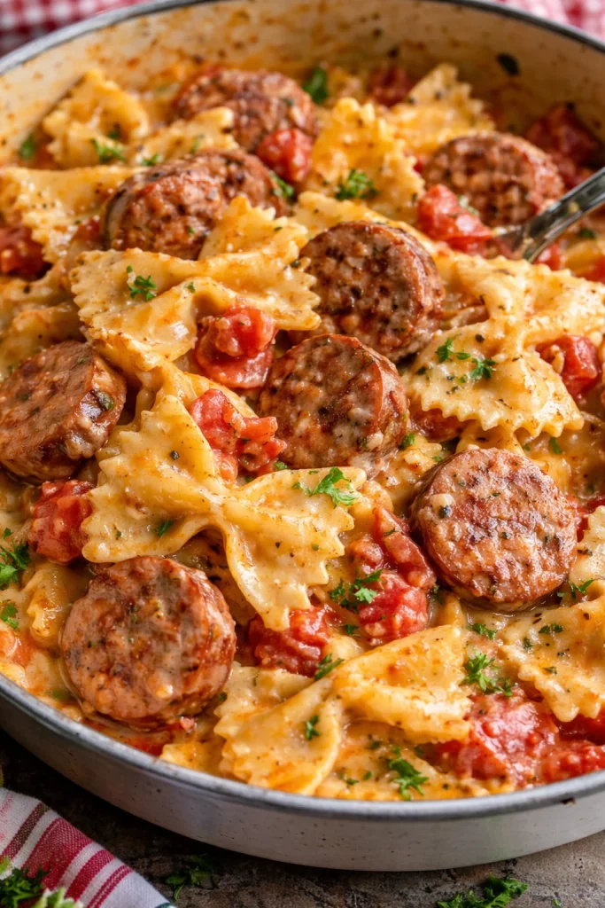 Cremige Cajun-Wurst-Pasta mit frischen Kräutern und würziger Wurst.