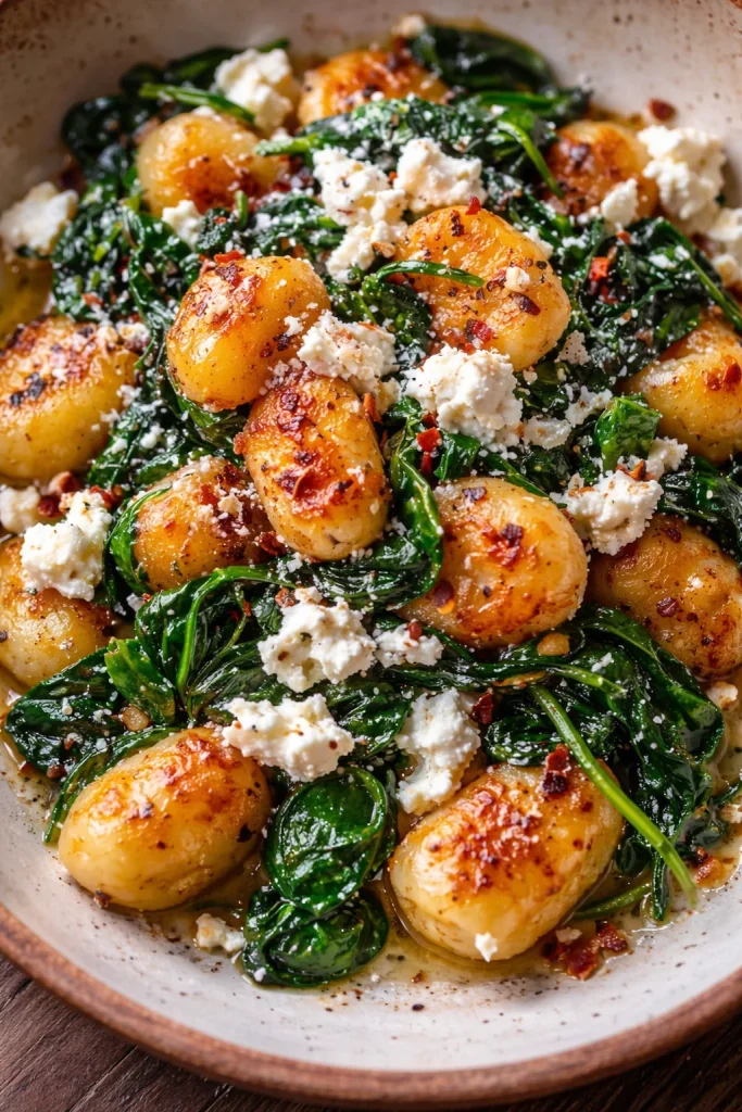 Cremige Gnocchi mit Spinat und Feta auf einem Teller angerichtet.