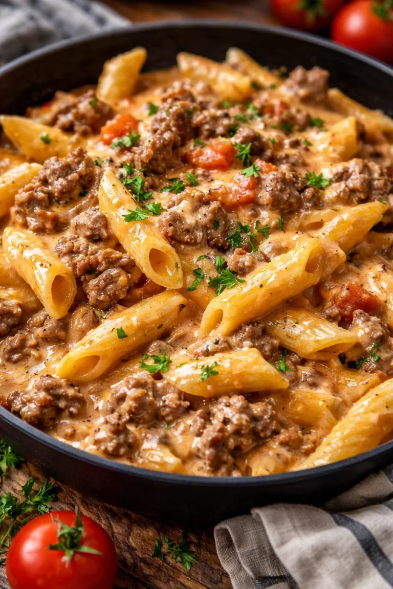 Cremige Rindfleisch-Pasta mit frischen Zutaten auf einem Teller serviert