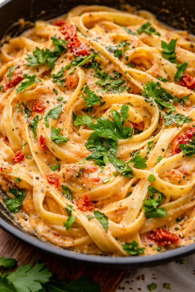 Cremige vegane Pasta mit getrockneten Tomaten auf einem Teller