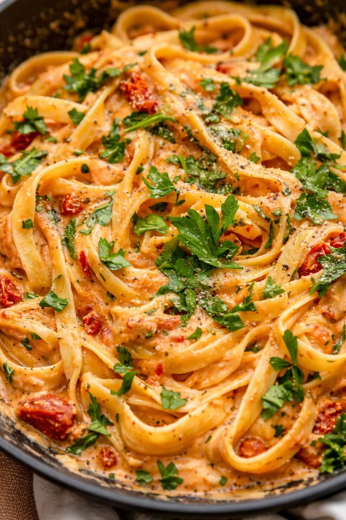 Cremige vegane Pasta mit sonnengetrockneten Tomaten auf einem Teller serviert