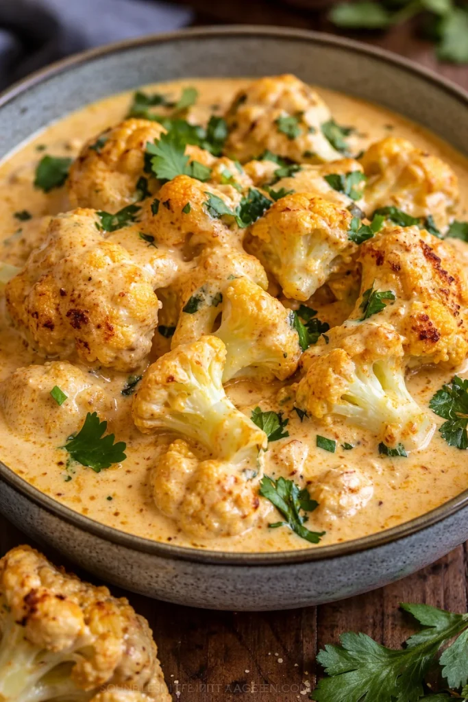 Cremiger Blumenkohl-Curry aus dem Backofen auf einem Teller serviert
