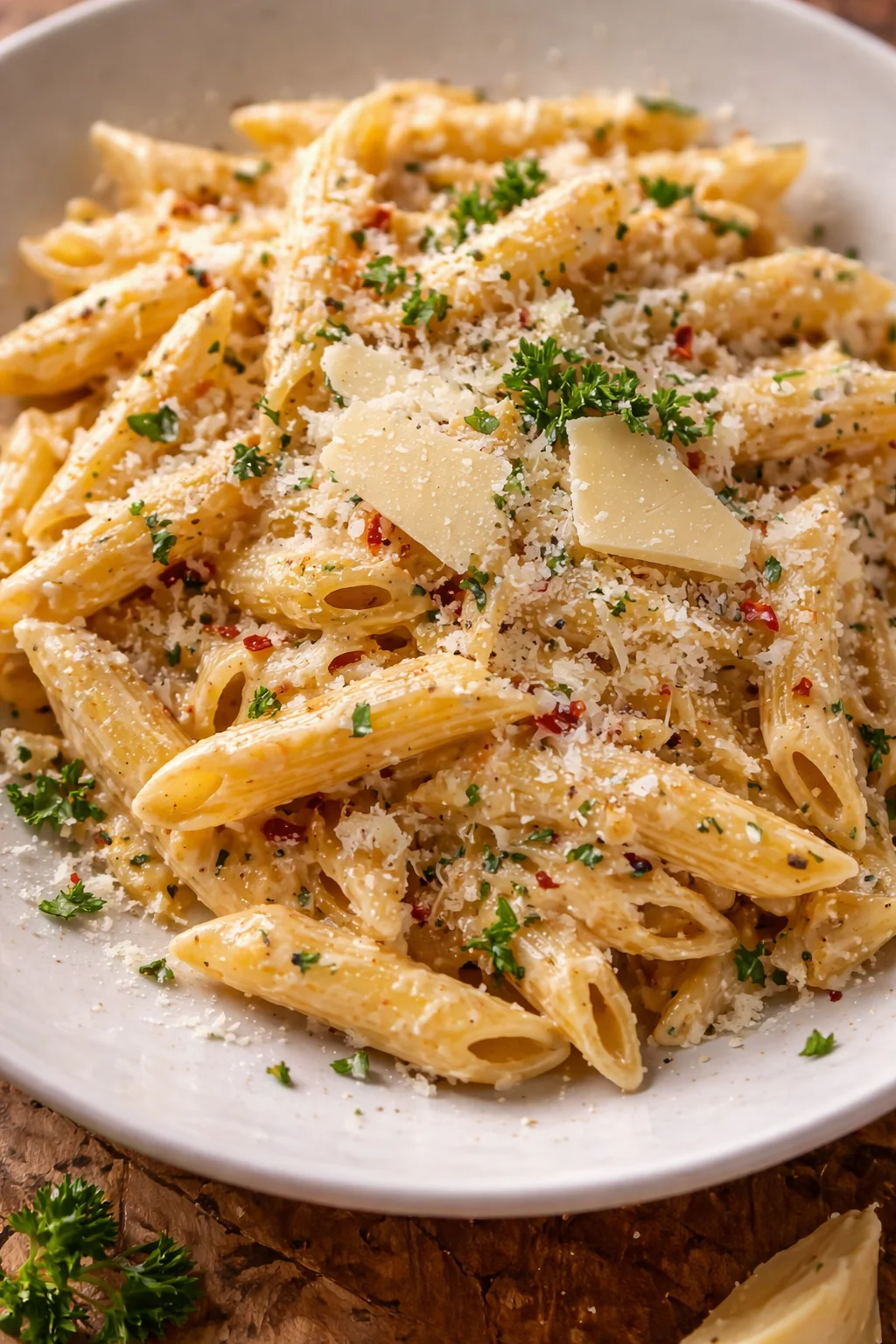 Cremige Knoblauchpasta serviert in einem Topf