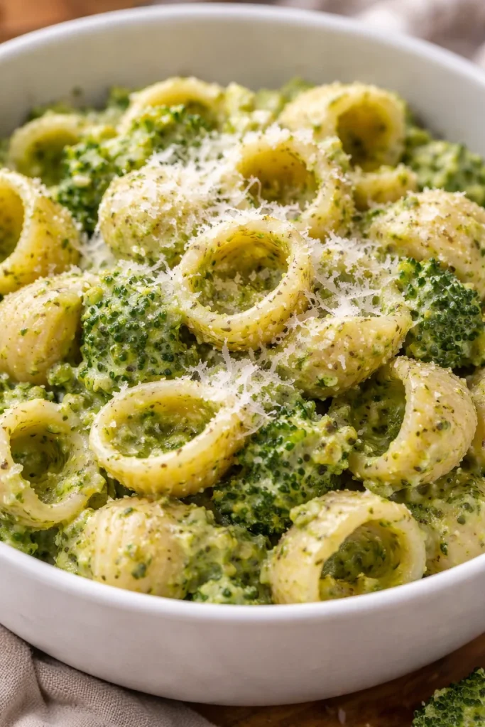 Eine Schüssel mit gesunder Brokkoli-Pasta, zubereitet mit frischem Brokkoli.