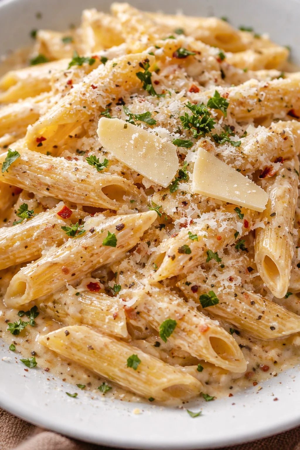 Einteilige cremige Knoblauchpasta mit frischen Zutaten und Kräutern