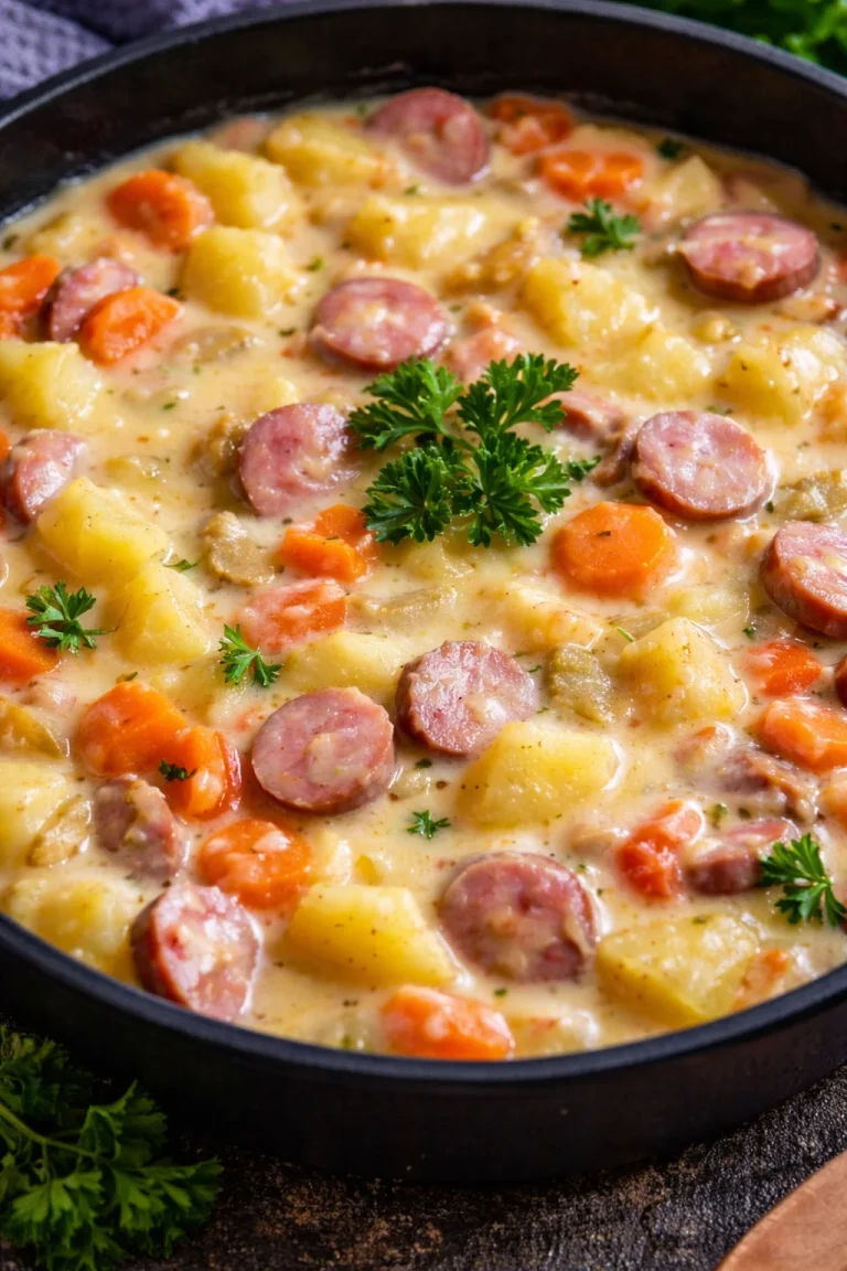 Eintopf mit Kartoffeln und Würstchen, ein herzhaftes Gericht für die Familie.