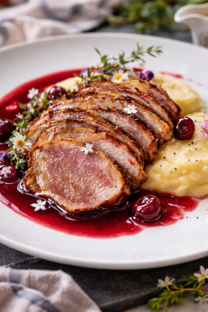 Zarte Entenbrust serviert mit schmackhafter Kirschsauce auf einem eleganten Teller.