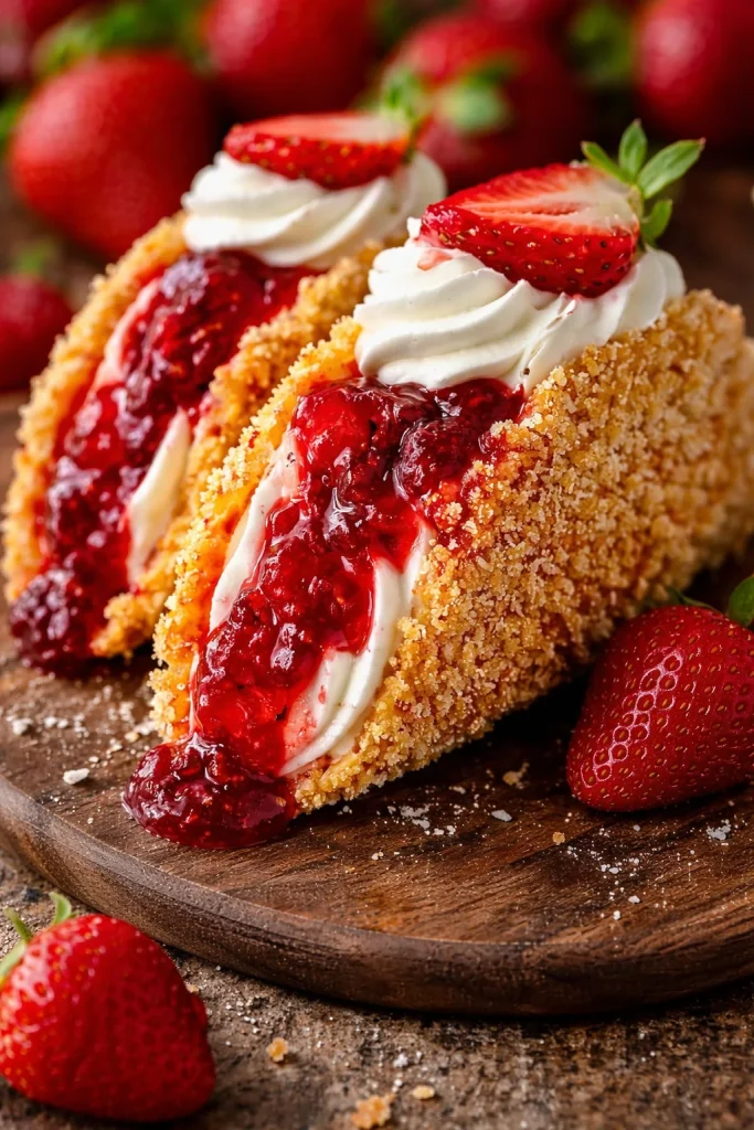 Erdbeer Crunch Cheesecake Tacos auf einem Teller, dekoriert mit frischen Erdbeeren.
