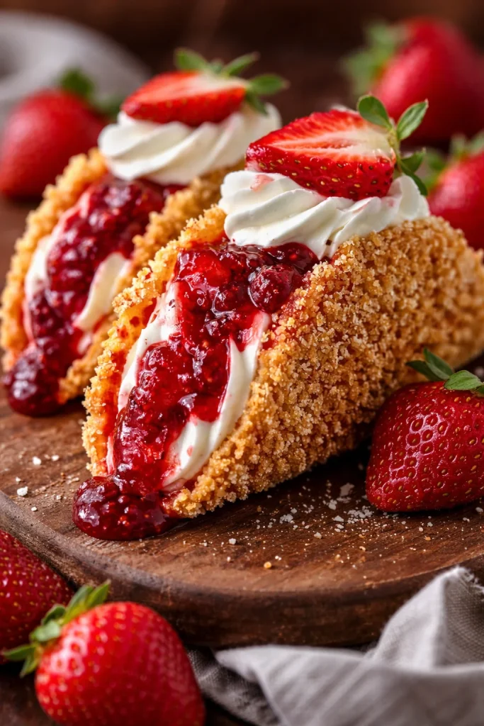 Erdbeer Crunch Cheesecake Tacos auf einem Teller angerichtet
