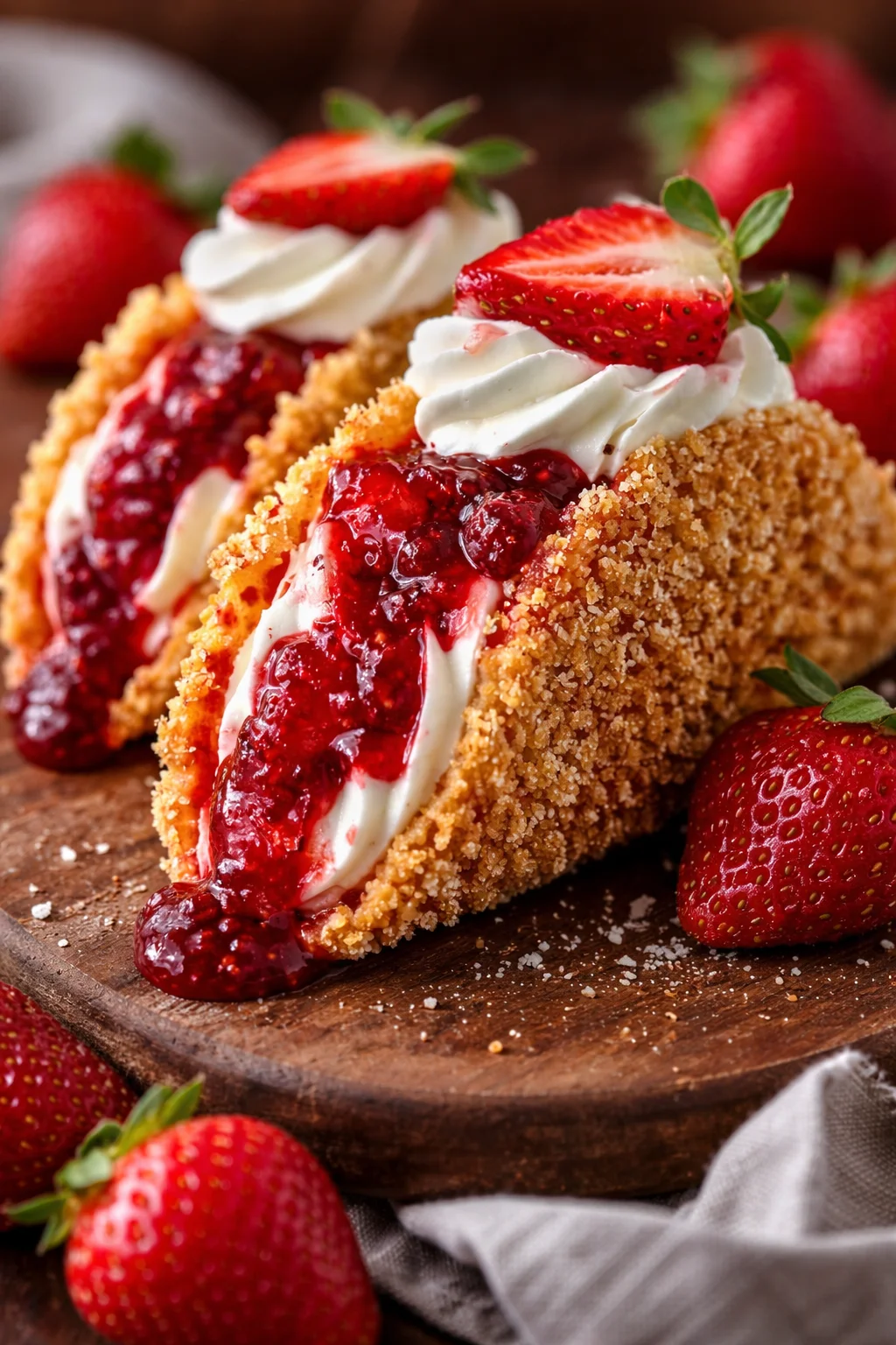 Erdbeer Crunch Cheesecake Tacos auf einem Teller angerichtet