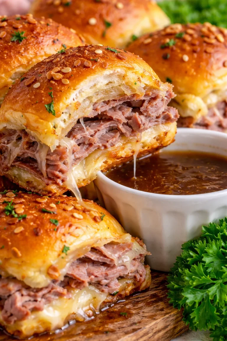 Französische Dip-Slider auf einem Teller serviert, ideal für Snacks und Partys.