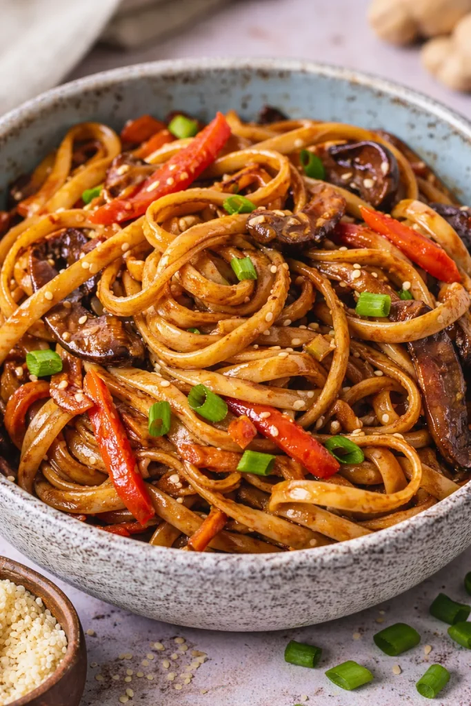 Gebratene Asia Nudeln mit buntem Gemüse auf einem Teller