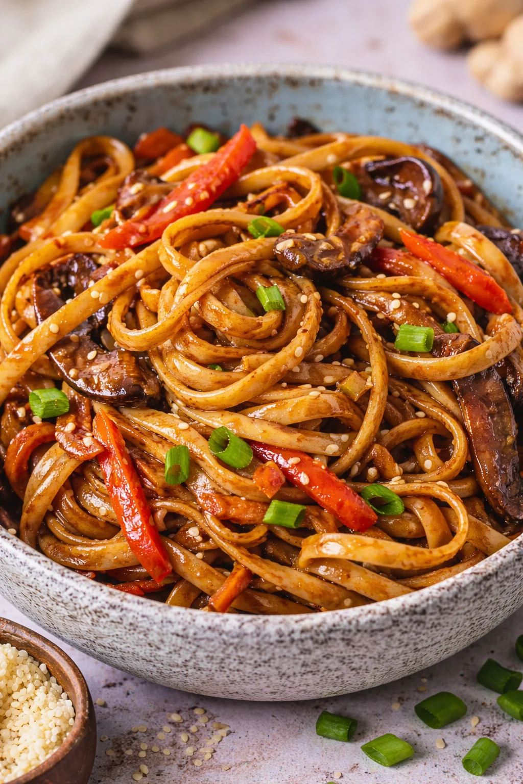 Gebratene Asia Nudeln mit buntem Gemüse auf einem Teller