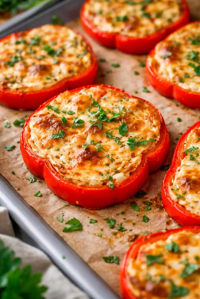 Leckere gefüllte Paprikaringe auf einem weißen Teller serviert.