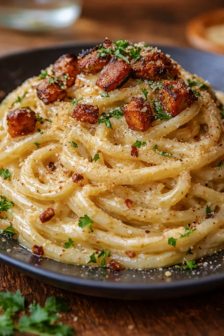 Geräucherte Tofu-Carbonara auf einem Teller beim Servieren