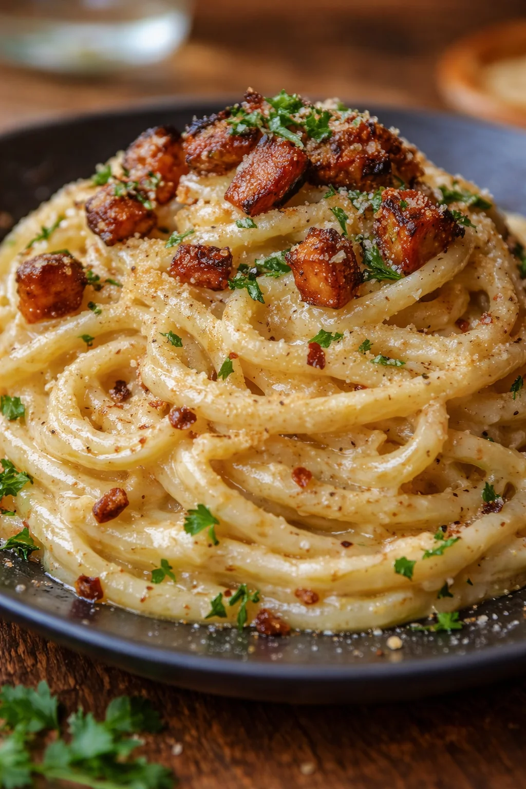 Geräucherte Tofu-Carbonara auf einem Teller beim Servieren