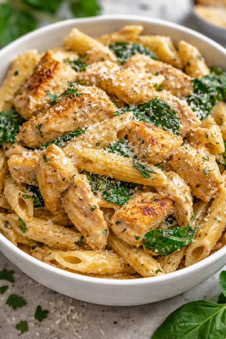 Gesunde Knoblauch-Parmesan-Hühnchen-Pasta mit frischem Gemüse und aromatischen Kräutern