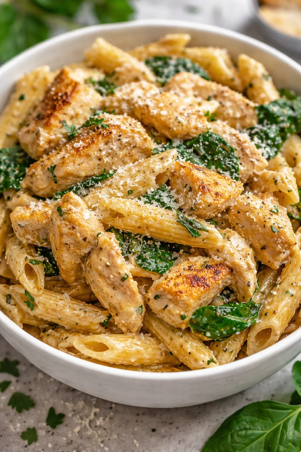 Gesunde Knoblauch-Parmesan-Hühnchen-Pasta mit frischem Gemüse und aromatischen Kräutern