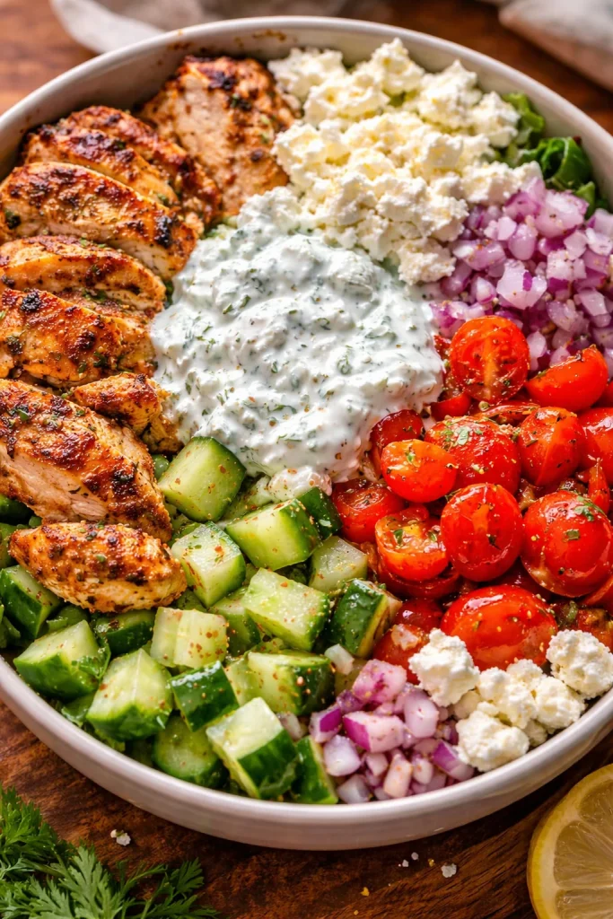 Leckere griechische Hühnchenschalen mit frischen Zutaten