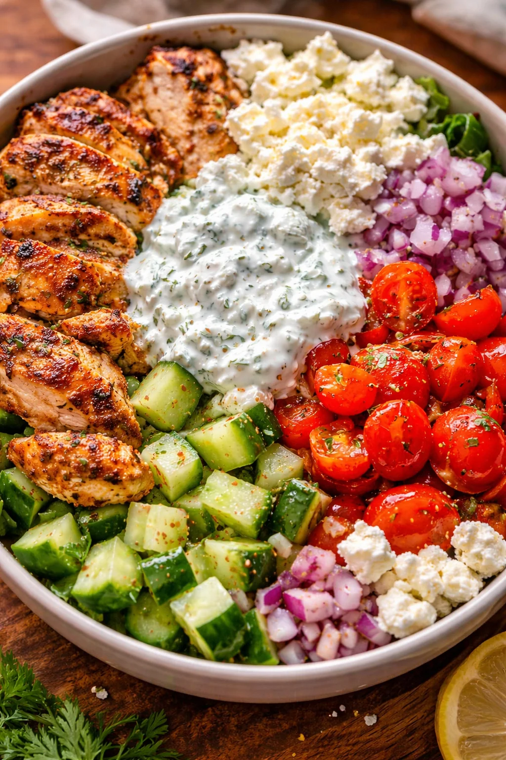 Leckere griechische Hühnchenschalen mit frischen Zutaten