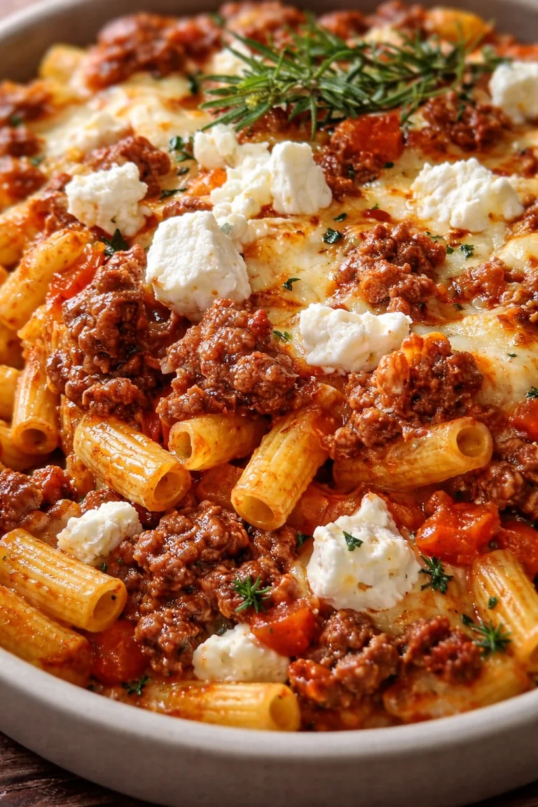 Griechischer Nudel-Auflauf mit Feta und Hackfleisch in einer Auflaufform