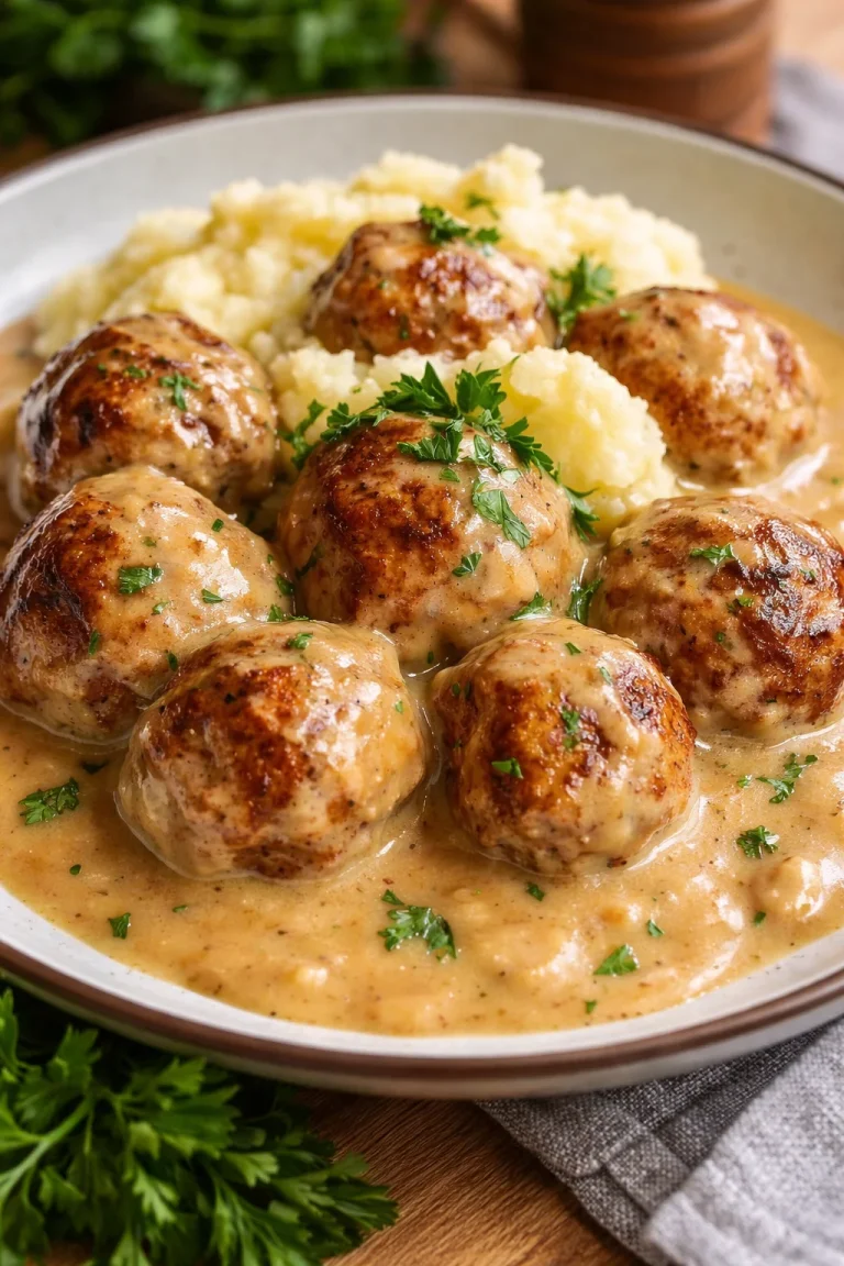 Saftige Hackbällchen in cremiger Sauce serviert mit Kartoffelpüree