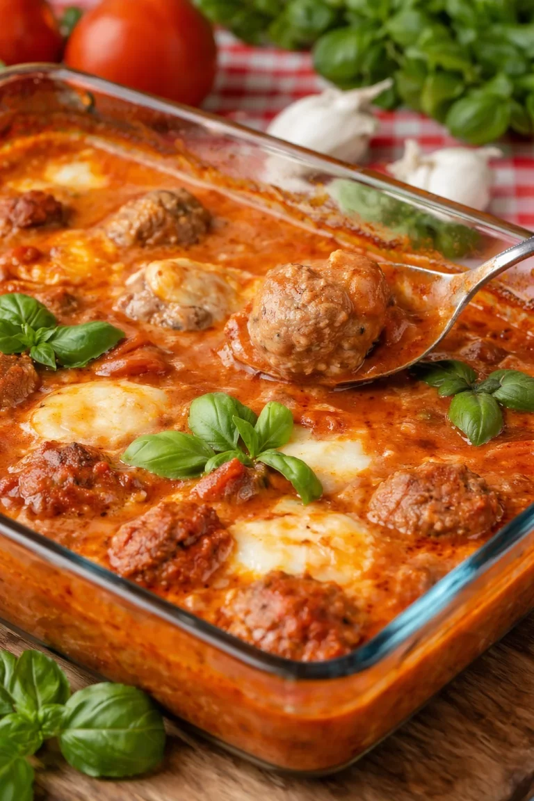 Eine köstliche Portion Hackbällchen Toskana mit frischen Kräutern und Tomatensauce.