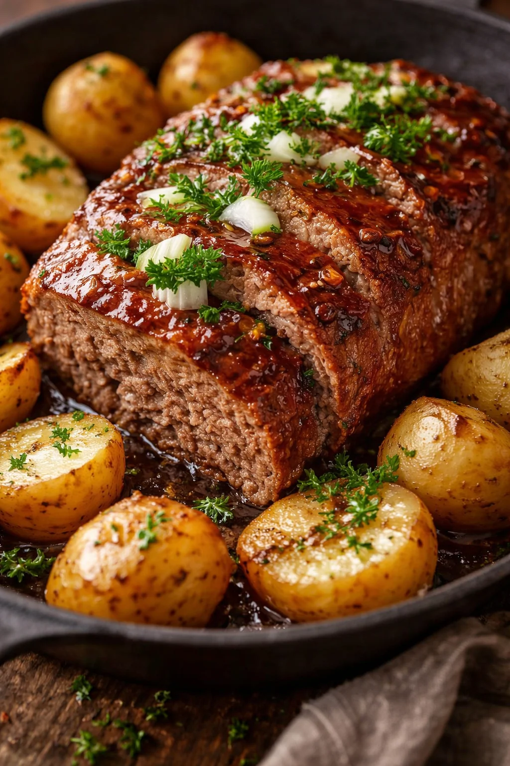 Saftiger Hackbraten mit knusprigen Ofenkartoffeln auf einem Teller serviert.