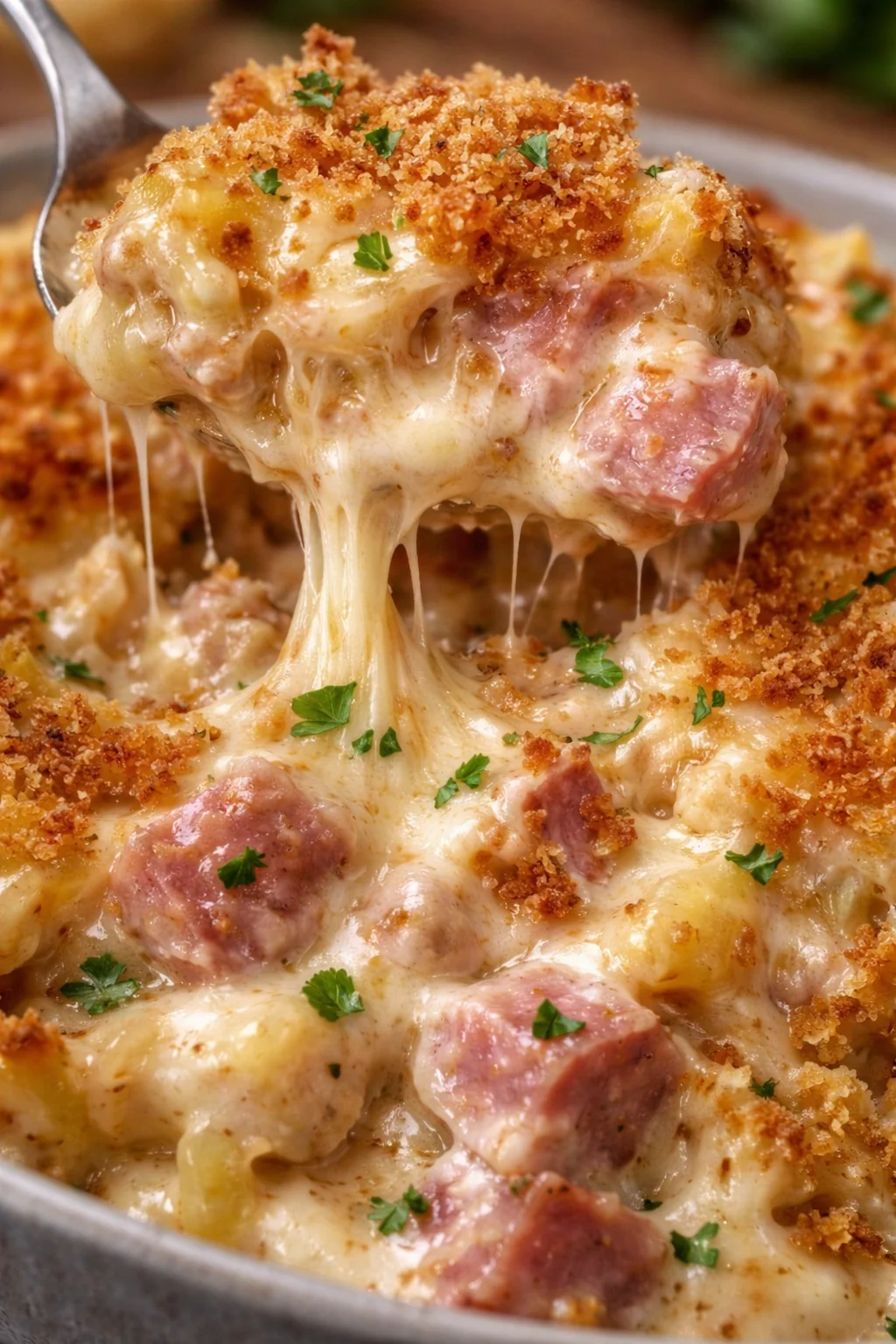 Hähnchen Cordon Bleu mit Käse und Schinken gefüllt, serviert auf einem Teller.