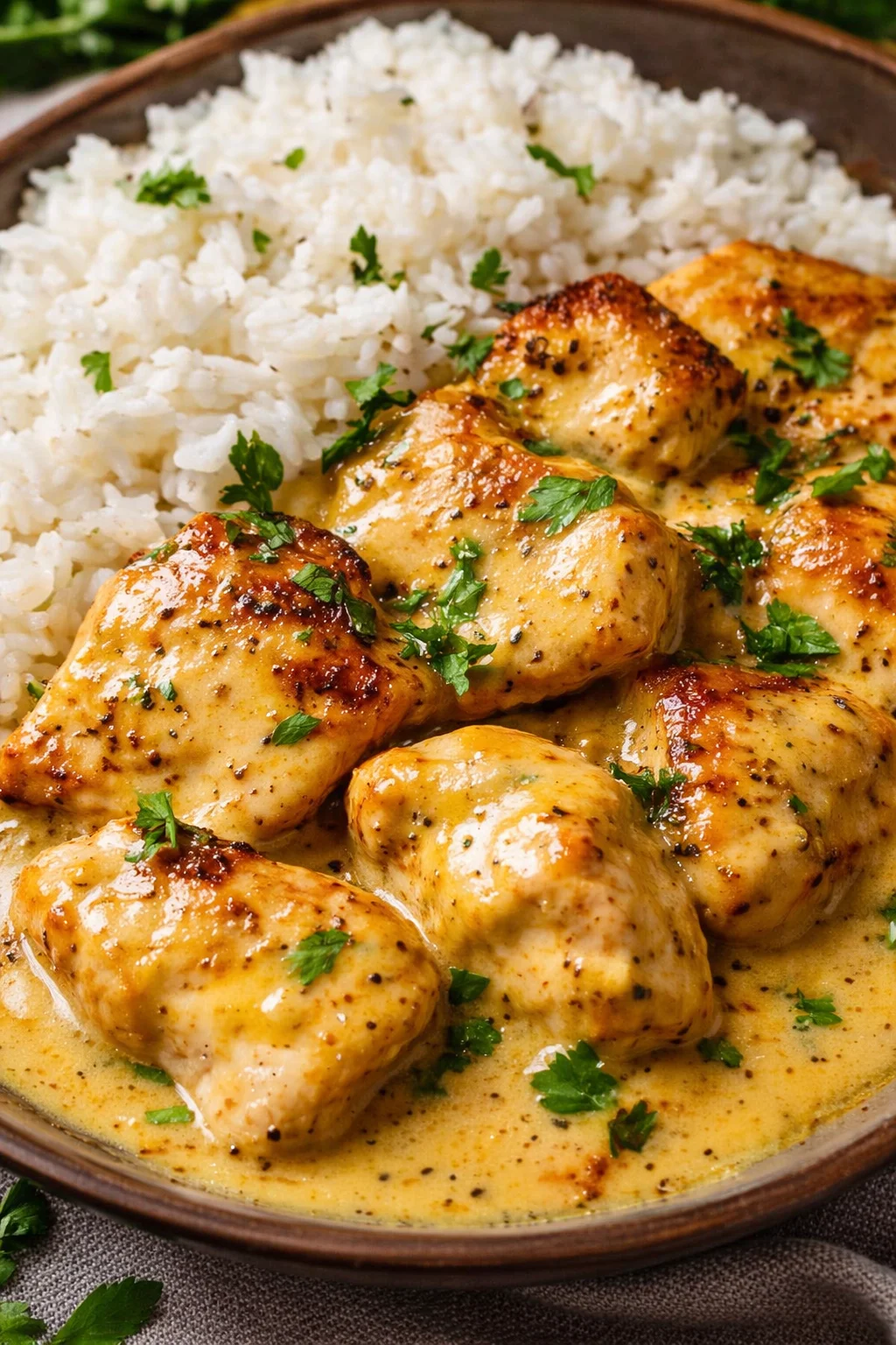 Hähnchen in Honig-Senf-Sauce serviert mit Reis auf einem Teller