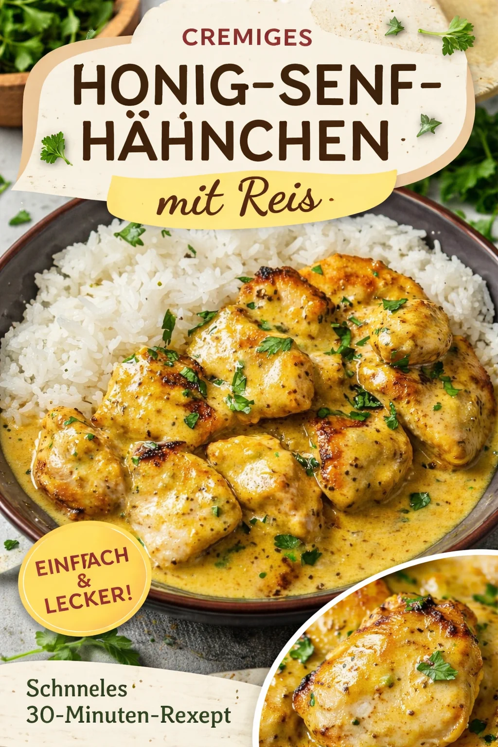 Hähnchen in Honig-Senf-Sauce mit Reis