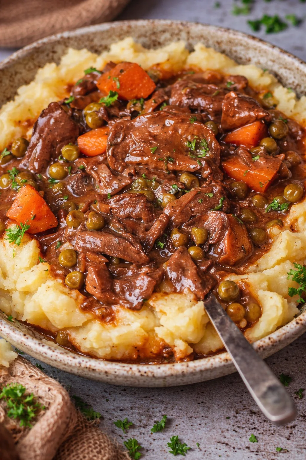 Herzhaftes Pilzgulasch mit cremigem Kartoffelpüree serviert auf einem weißen Teller.