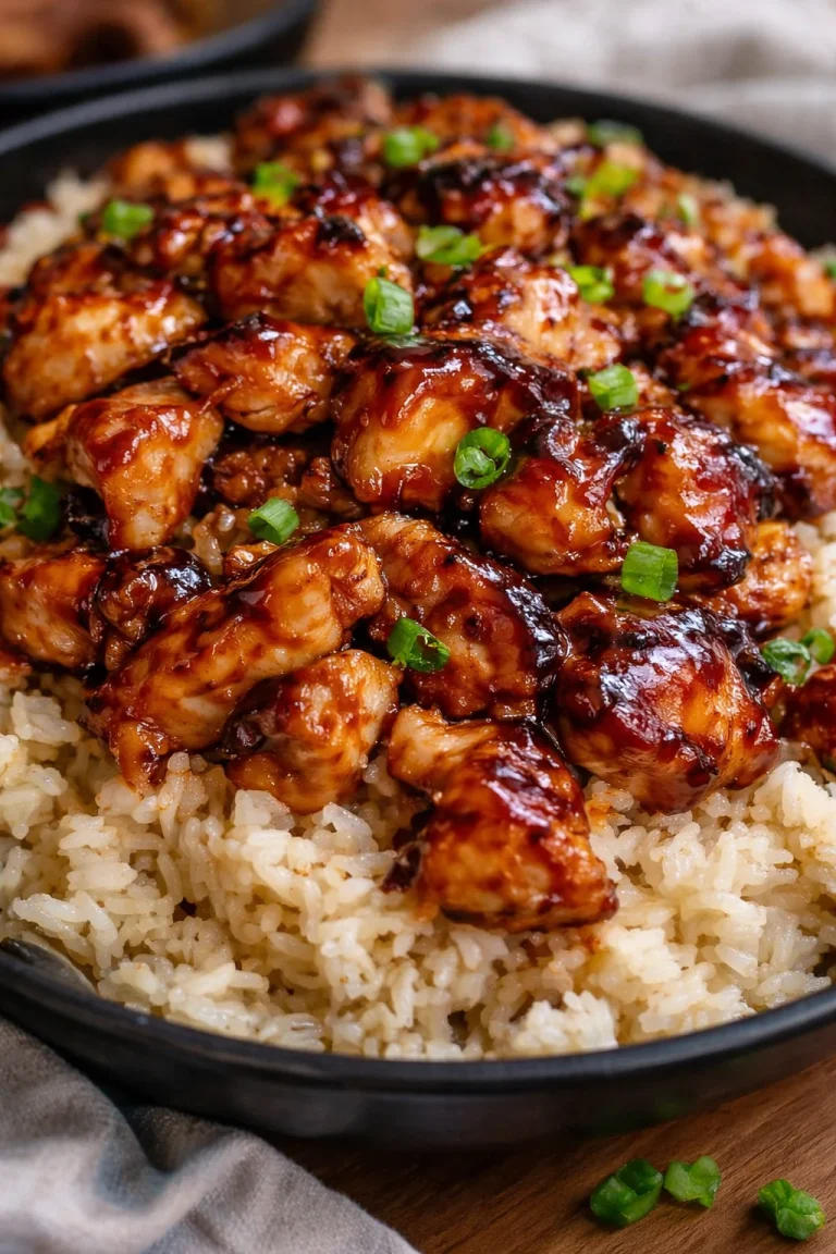 Honig BBQ Hähnchenreis mit zartem Hähnchen und würziger BBQ-Sauce
