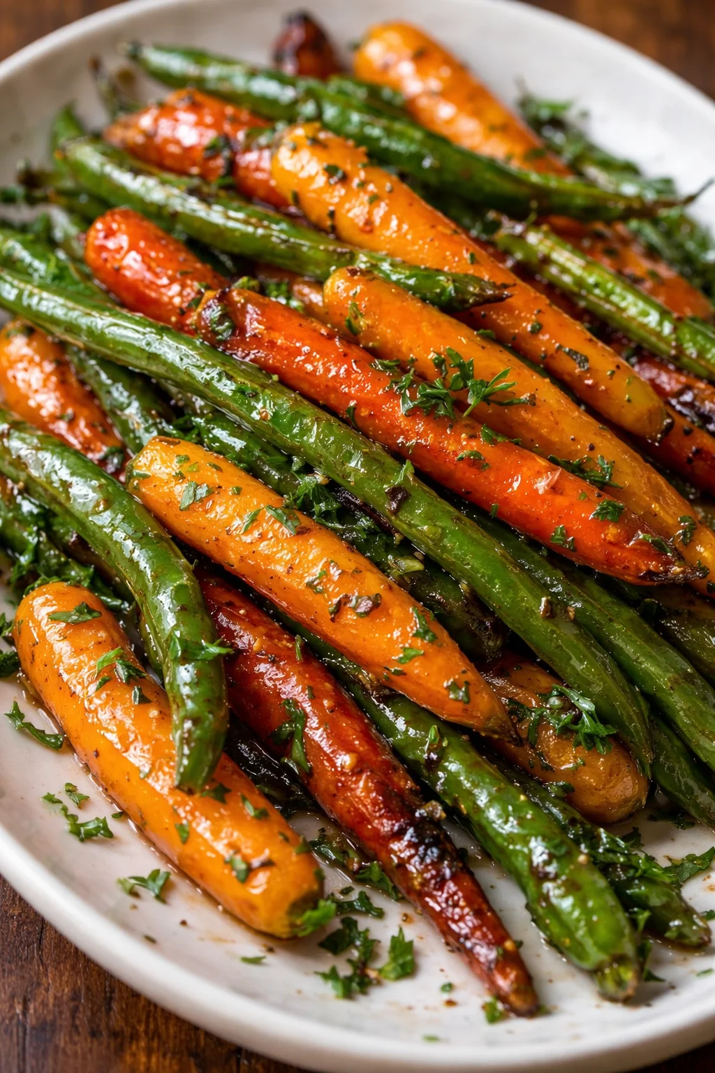 Dish of honigglasierte Karotten und grüne Bohnen, serviert auf einem Teller.