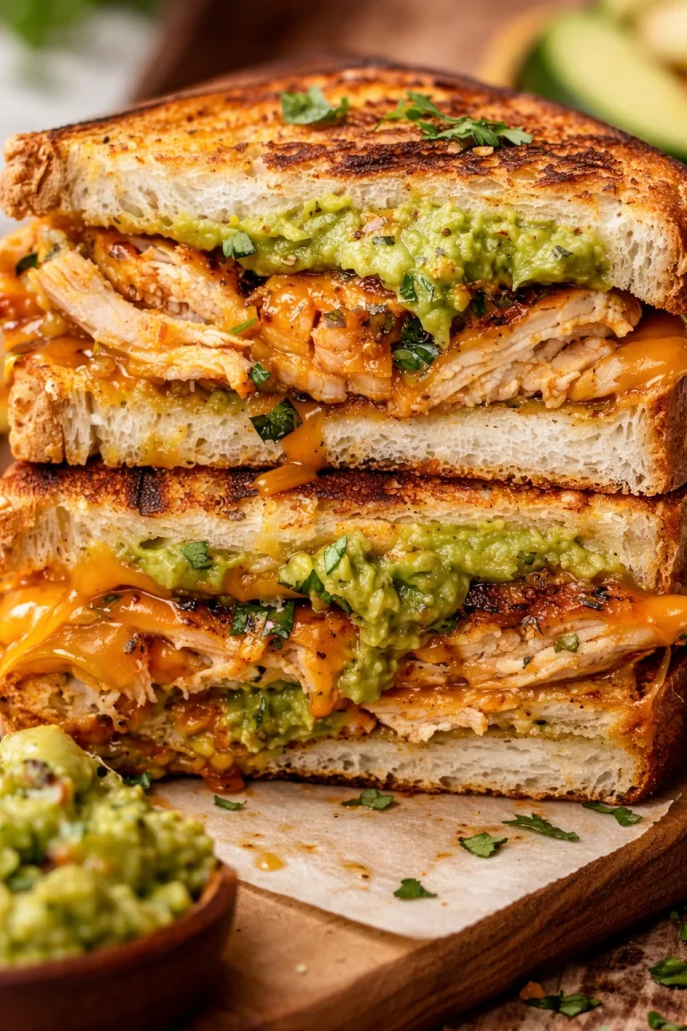 Hühnchen-Avocado-Melt-Sandwich mit frischen Zutaten auf einem Teller