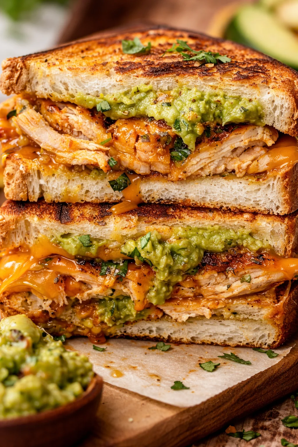 Hühnchen-Avocado-Melt-Sandwich mit frischen Zutaten auf einem Teller