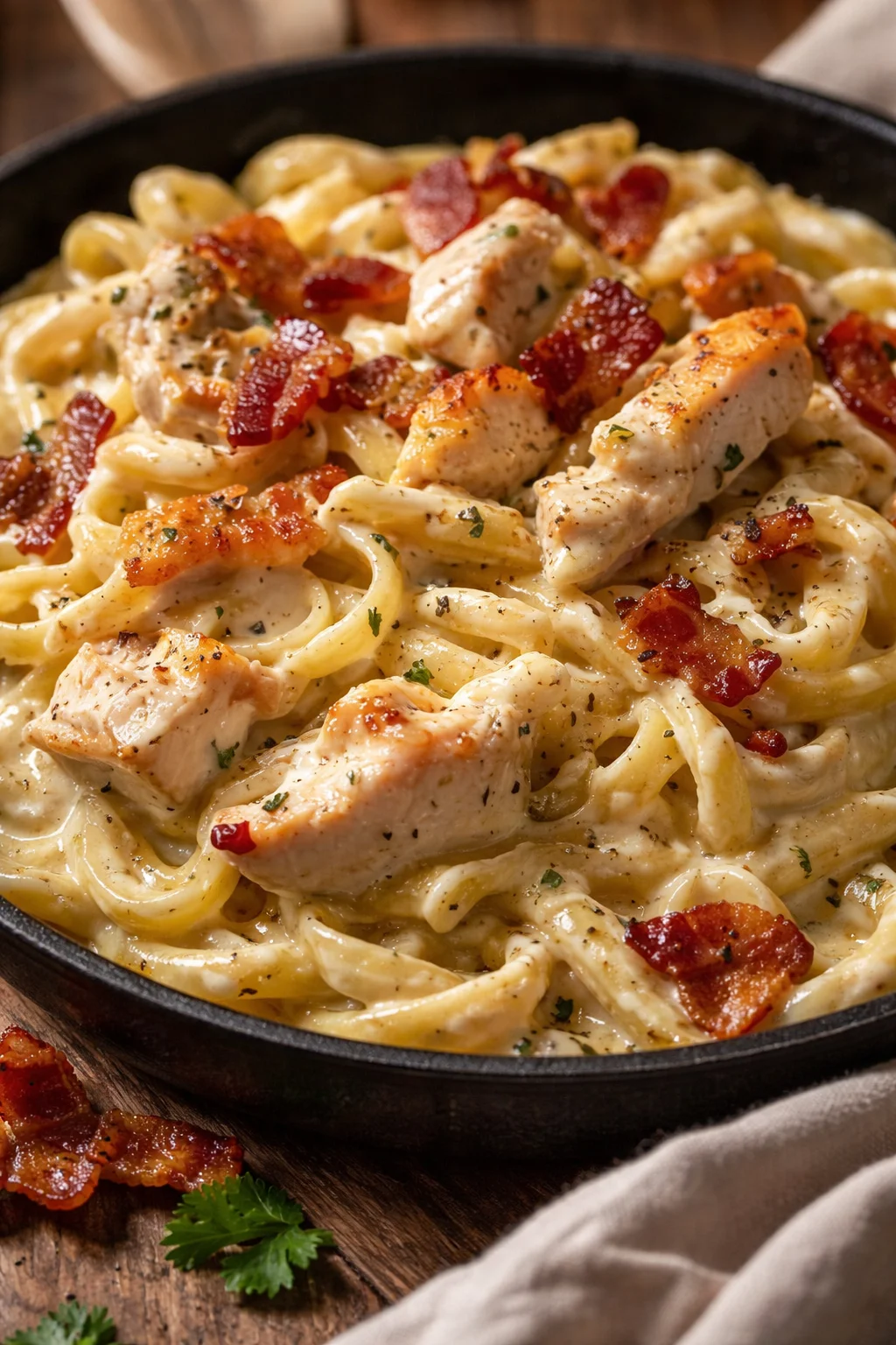 Hühnchen-Bacon-Ranch-Pasta mit frischen Zutaten auf einem Teller angerichtet