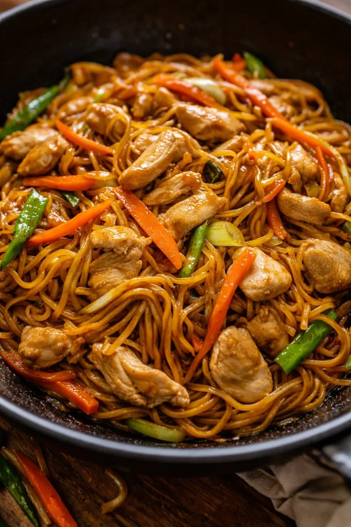 Leckeres Hühnchen Lo Mein Gericht serviert in einer Schüssel