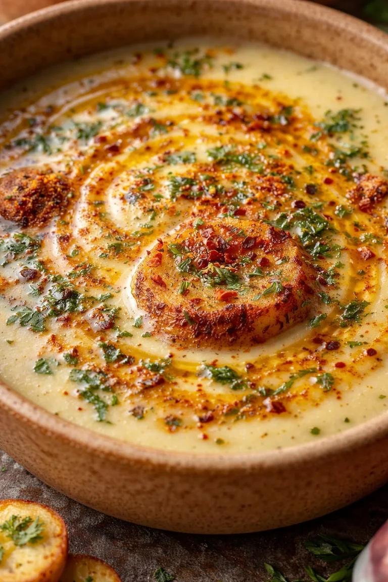 Schale mit italienischer Kartoffelsuppe, garniert mit frischen Kräutern