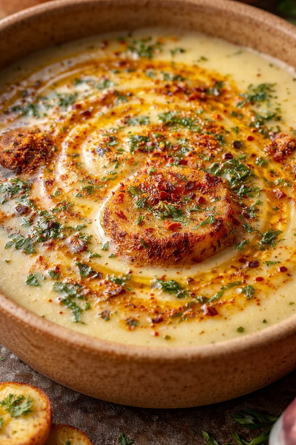 Schale mit italienischer Kartoffelsuppe, garniert mit frischen Kräutern