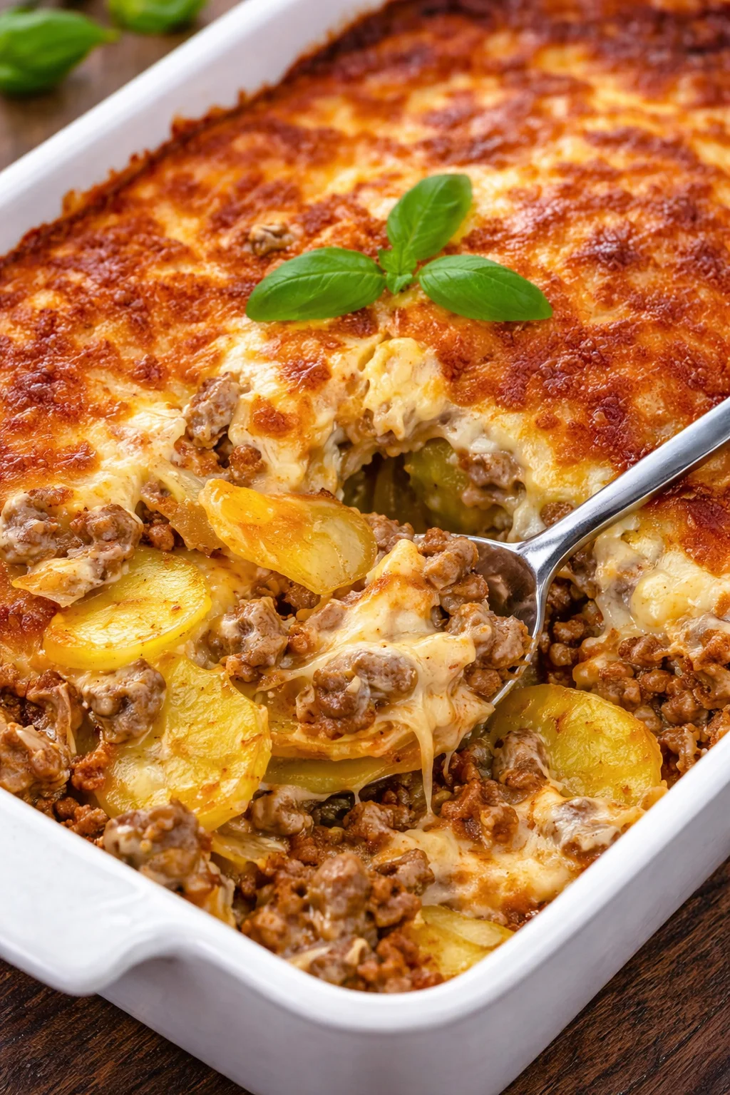 Leckerer Kartoffel-Hackfleisch Auflauf frisch aus dem Ofen.