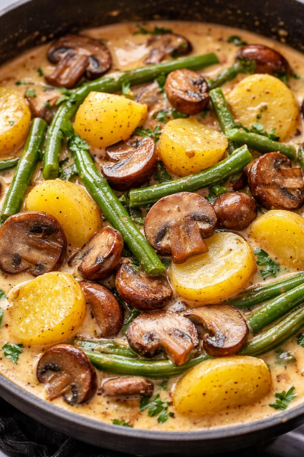 Kartoffel-Pilz-Pfanne mit Bohnen auf einem Teller serviert.